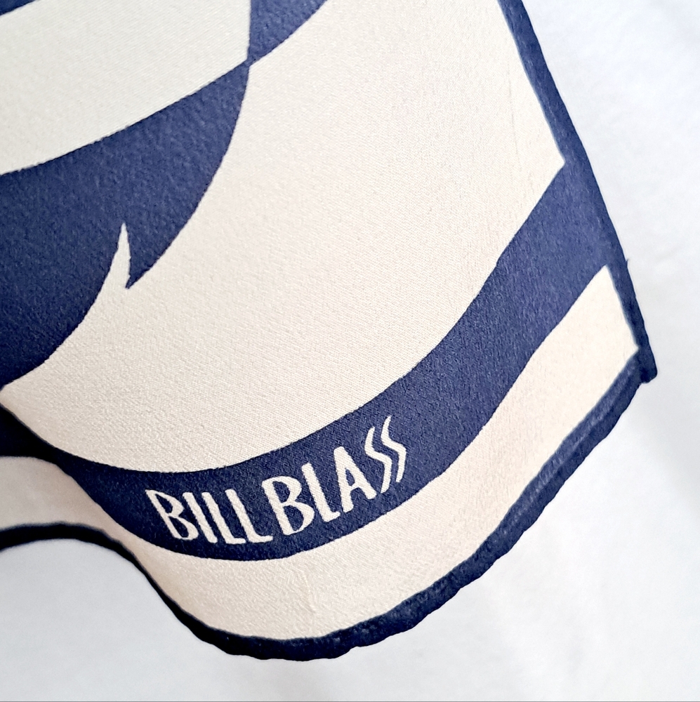 Vtg 70's Bill Blass Navy/White Oblong Leaf Themed Scarf 55" x 11" Classic